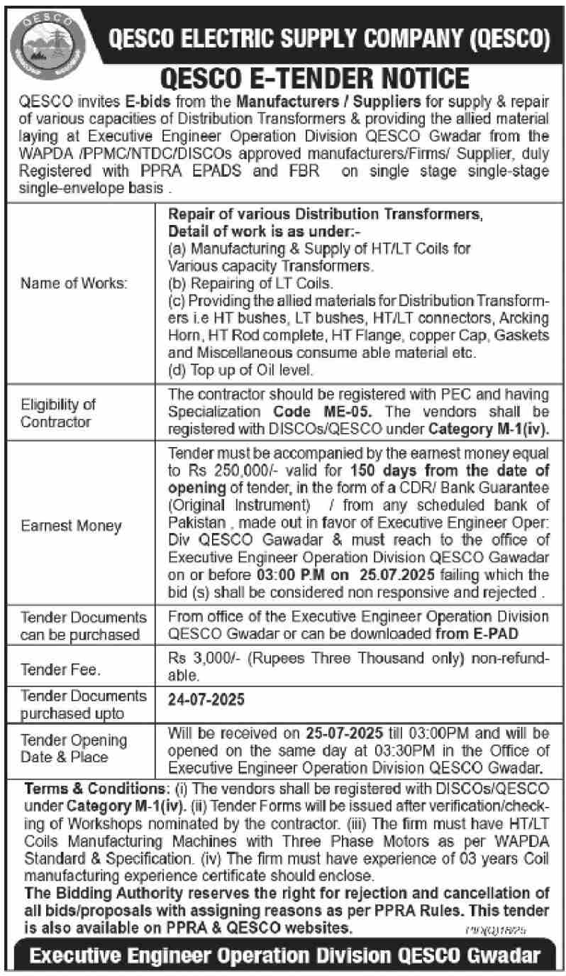 QESCO Electric Supply Company Quetta Tender Notice
